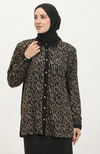 Büyük Beden Desenli Gömlek 3605-03 Vizon Siyah