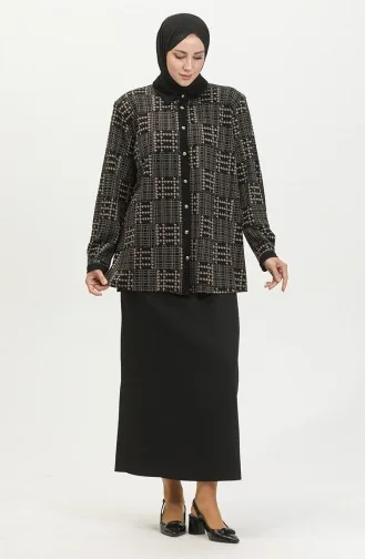 Büyük Beden Desenli Gömlek 3605B-01 Siyah Vizon