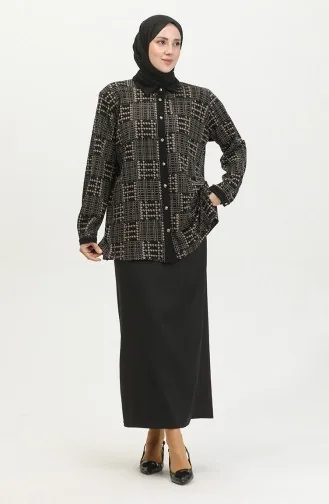 Büyük Beden Desenli Gömlek 3605B-01 Siyah Vizon