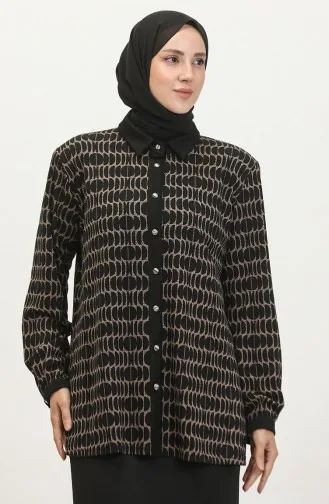 Büyük Beden Desenli Gömlek 3605F-01 Siyah Vizon