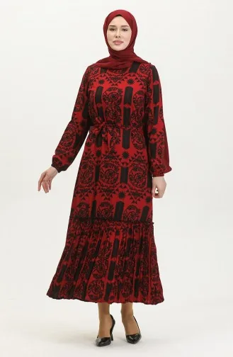 Alisa Farbalı Kuşaklı Viskon Elbise 4599-02 Kırmızı