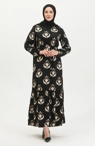 Alisa Farbalı Kuşaklı Viskon Elbise 4599A-02 Siyah Vizon
