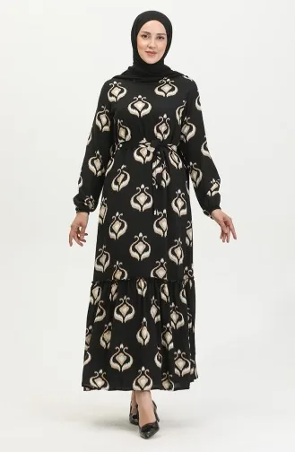 Alisa Farbalı Kuşaklı Viskon Elbise 4599A-02 Siyah Vizon