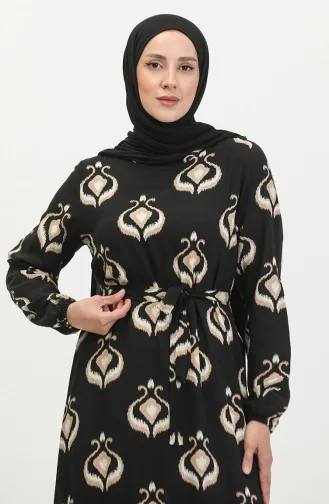 Alisa Farbalı Kuşaklı Viskon Elbise 4599A-02 Siyah Vizon