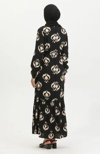 Alisa Farbalı Kuşaklı Viskon Elbise 4599A-02 Siyah Vizon