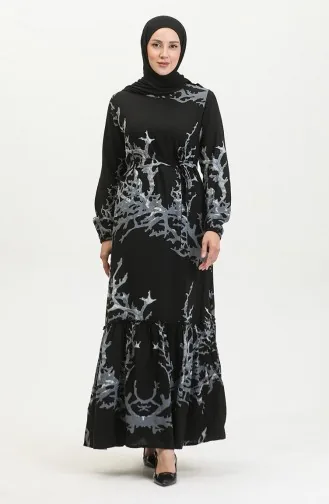 Robe En Viscose à Volants Et Ceinture Alisa 4599B-01 Noir Gris 4599B-01