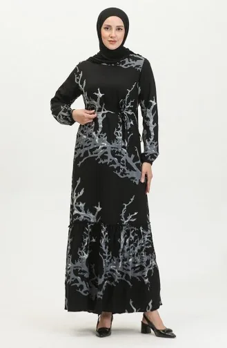 Robe En Viscose à Volants Et Ceinture Alisa 4599B-01 Noir Gris 4599B-01