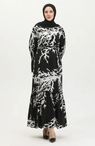 فستان أليسا من الفيسكوز بحزام 4599B-02 أسود وأبيض 4599B-02