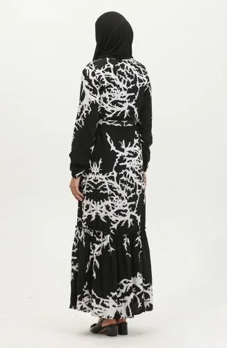 فستان أليسا من الفيسكوز بحزام 4599B-02 أسود وأبيض 4599B-02