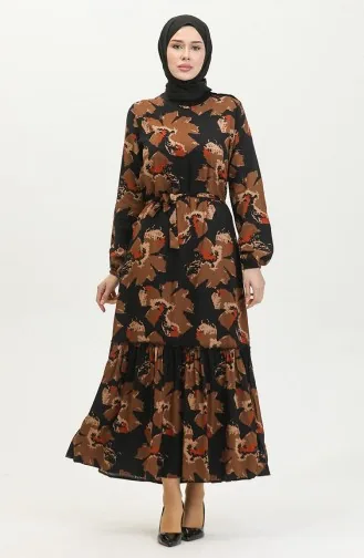 Alisa Farbalı Kuşaklı Viskon Elbise 4599C-01 Kahverengi Siyah
