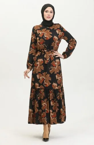 Alisa Farbalı Kuşaklı Viskon Elbise 4599C-01 Kahverengi Siyah