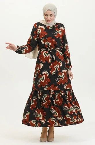فستان أليسا من الفيسكوز بحزام 4599C-02 أسود قرميدي 4599C-02