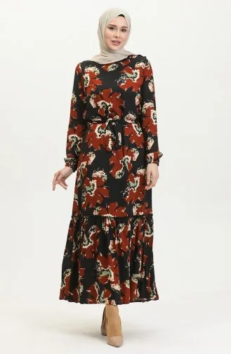 فستان أليسا من الفيسكوز بحزام 4599C-02 أسود قرميدي 4599C-02
