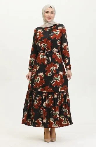 فستان أليسا من الفيسكوز بحزام 4599C-02 أسود قرميدي 4599C-02