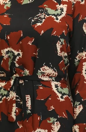 فستان أليسا من الفيسكوز بحزام 4599C-02 أسود قرميدي 4599C-02