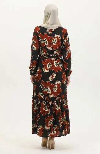 فستان أليسا من الفيسكوز بحزام 4599C-02 أسود قرميدي 4599C-02