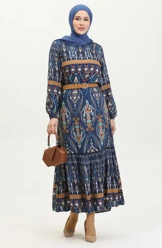 Robe En Viscose à Volants Et Ceinture Alisa 4599D-01 Bleu Marine 4599D-01