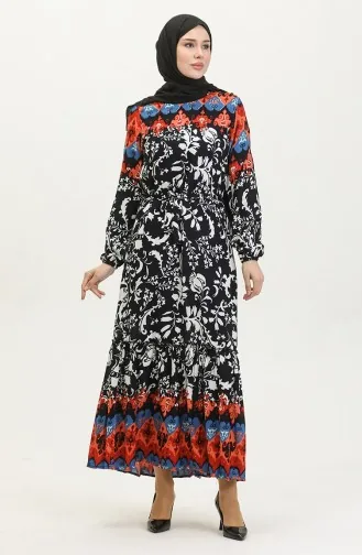 Alisa Flounced Belted Viscose Dress 4599E-03 Navy Blue 4599E-03