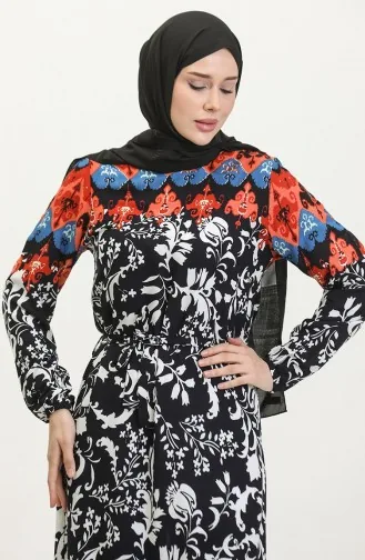 Alisa Flounced Belted Viscose Dress 4599E-03 Navy Blue 4599E-03