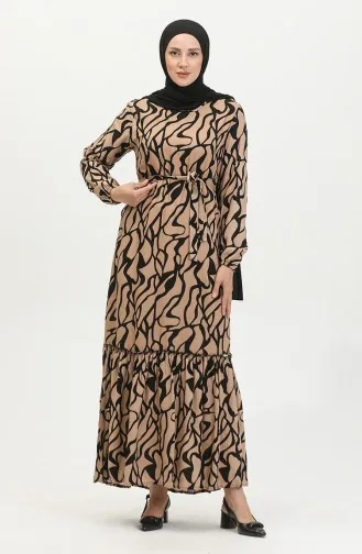 Alisa Farbalı Kuşaklı Viskon Elbise 4599F-01 Vizon