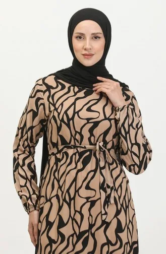 Alisa Farbalı Kuşaklı Viskon Elbise 4599F-01 Vizon