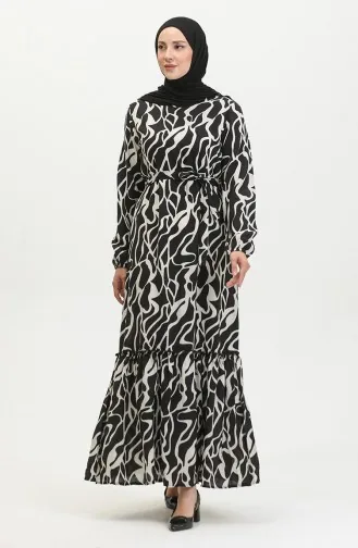 Robe En Viscose à Volants Et Ceinture Alisa 4599F-03 Noir 4599F-03