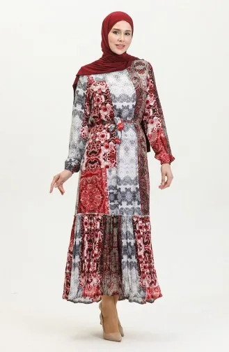 Alisa Farbalı Kuşaklı Viskon Elbise 4599G-02 Gri Bordo