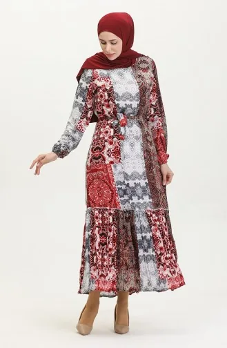 Alisa Farbalı Kuşaklı Viskon Elbise 4599G-02 Gri Bordo