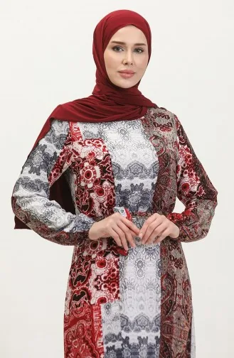 Alisa Farbalı Kuşaklı Viskon Elbise 4599G-02 Gri Bordo