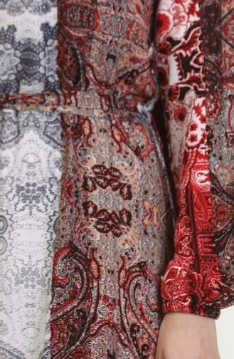 Alisa Farbalı Kuşaklı Viskon Elbise 4599G-02 Gri Bordo