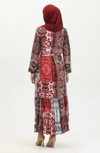 Alisa Farbalı Kuşaklı Viskon Elbise 4599G-02 Gri Bordo