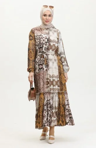 Alisa Farbalı Kuşaklı Viskon Elbise 4599G-03 Hardal Vizon