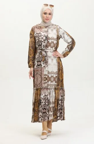 Alisa Farbalı Kuşaklı Viskon Elbise 4599G-03 Hardal Vizon