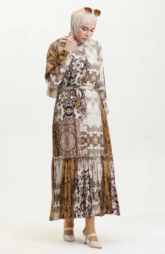 Alisa Farbalı Kuşaklı Viskon Elbise 4599G-03 Hardal Vizon