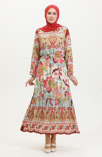Alisa Flounced Belted Viscose Dress 4599H-01 Khaki Rose 4599H-01