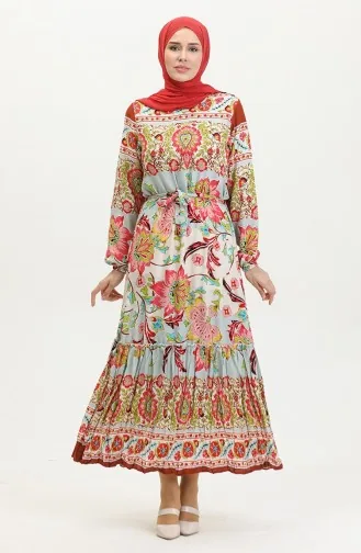 Alisa Farbalı Kuşaklı Viskon Elbise 4599H-01 Haki Gül Kurusu