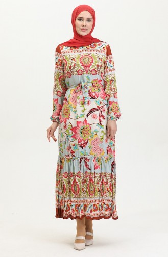 Alisa Flounced Belted Viscose Dress 4599H-01 Khaki Rose 4599H-01