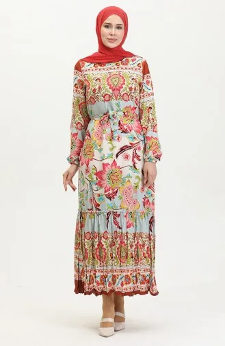 Alisa Farbalı Kuşaklı Viskon Elbise 4599H-01 Haki Gül Kurusu