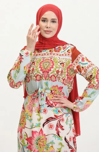 Alisa Farbalı Kuşaklı Viskon Elbise 4599H-01 Haki Gül Kurusu