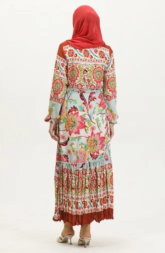 Alisa Farbalı Kuşaklı Viskon Elbise 4599H-01 Haki Gül Kurusu