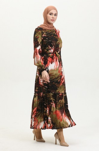 Alisa Flounced Belted Viscose Dress 4599J-01 Khaki Black 4599J-01