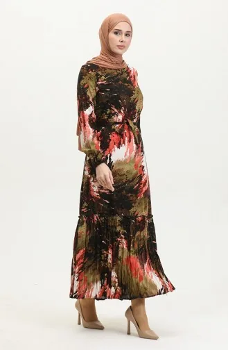 Robe En Viscose à Volants Et Ceinture Alisa 4599J-01 Kaki Noir 4599J-01