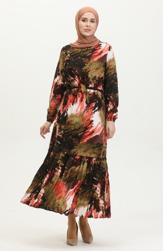 Alisa Flounced Belted Viscose Dress 4599J-01 Khaki Black 4599J-01
