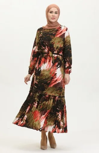 Robe En Viscose à Volants Et Ceinture Alisa 4599J-01 Kaki Noir 4599J-01