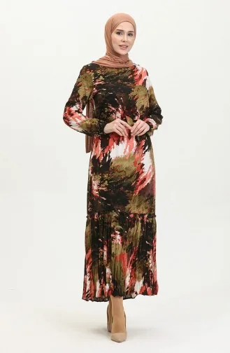 Robe En Viscose à Volants Et Ceinture Alisa 4599J-01 Kaki Noir 4599J-01