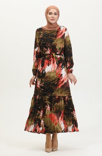 Alisa Flounced Belted Viscose Dress 4599J-01 Khaki Black 4599J-01