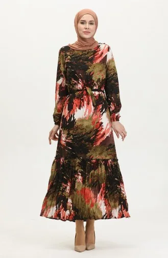 Robe En Viscose à Volants Et Ceinture Alisa 4599J-01 Kaki Noir 4599J-01