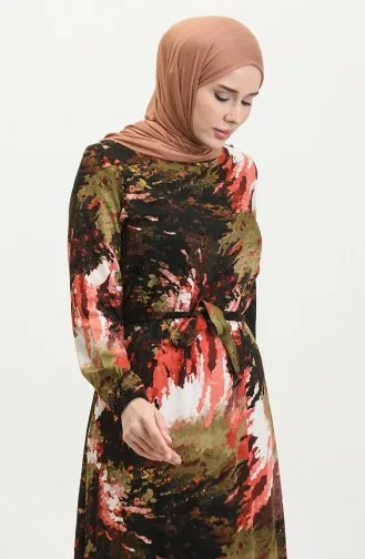 Robe En Viscose à Volants Et Ceinture Alisa 4599J-01 Kaki Noir 4599J-01