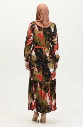 Robe En Viscose à Volants Et Ceinture Alisa 4599J-01 Kaki Noir 4599J-01