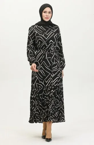 Alisa Farbalı Kuşaklı Viskon Elbise 4599K-01 Siyah